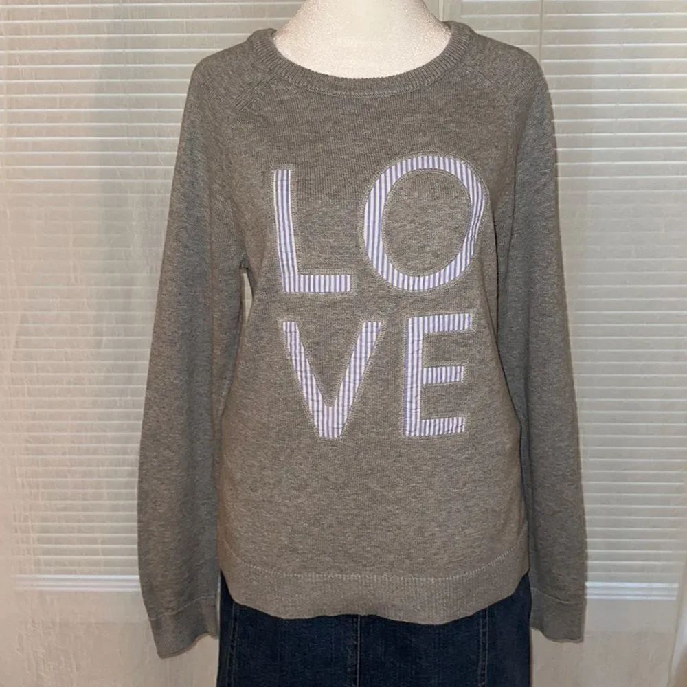GAP M Gray Raglan Sleeve Crewneck Knit Pullover LOVE Striped Letters Sweater